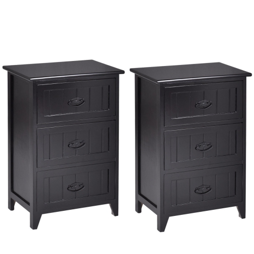 GYMAX  2 PCs 3 Drawers Nightstands End Table Storage Wood Side Bedside In Black