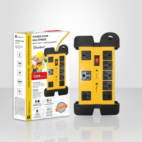 Xtricity 3-70626 Barre d'alimentation Robuste Multiprises 8 Prises avec Protecteur de Surtension Élctrique 1200 Joules et cordon de 6pi Jaune