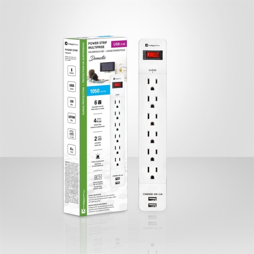 Barre d’alimentation Xcentricité à 3-70627 6 prises avec limiteur de surtension, cordon de 1050 joules de 4 pi avec 2 ports USB blancs