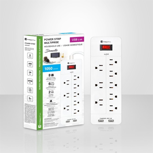 Xtricity 3-70628 8 Outlets Power Bar Power Strip with Surge Protector 1050 Joules 6FT Cord with 2 USB White