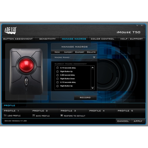 Adesso Wireless Ergonomic Trackball Mouse -