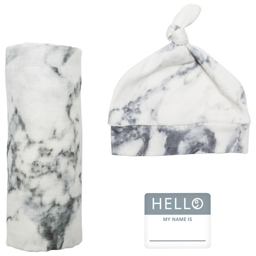 Lulujo Hello World Bamboo Muslin Swaddle & Hat - 0 to 4 Months - Marble