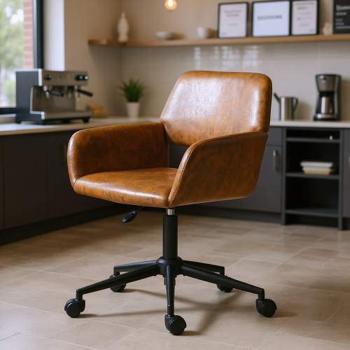 HOMY CASA  Coffee Shop Staff Chair, Easy-Clean Faux Suede, Rolling, Compact In Brown