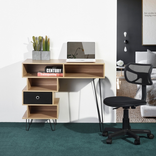 Wood Small Computer Writing Cabinet Desk Table with Metal Legs and Storage Drawers Oak