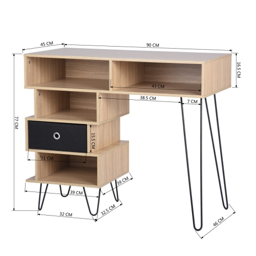 Wood Small Computer Writing Cabinet Desk Table with Metal Legs and Storage Drawers Oak