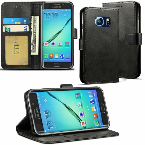 【CSmart】 Magnetic Card Slot Leather Folio Wallet Flip Case Cover for Samsung Galaxy S6 Edge, Black