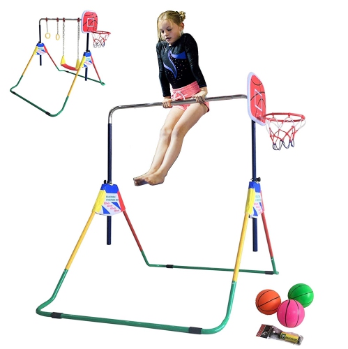 GymPros 4-1 Kids Jungle Gym Monkey Bar Horizontal Gymnastics Kip Bar Adjustable Swing Set & Trapeze Rings & Basketball