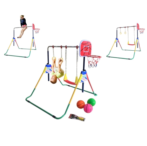 ProKidFit 4 in 1 Kids Jungle Gym Swing Set Playground Trapeze Rings Monkey Bars B-Ball Net Adjustable Playground