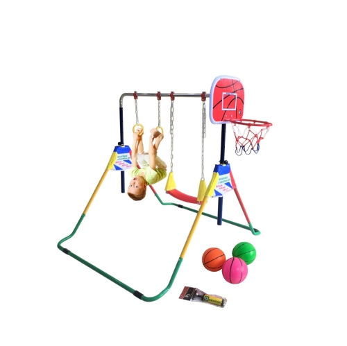 ProKidFit 4 in 1 Kids Jungle Gym Swing Set Playground Trapeze Rings Monkey Bars B-Ball Net Adjustable Playground