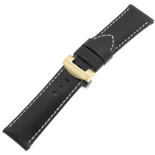DASSARI Vintage Leather Men's Watch Band Strap Yellow Gold Deployant Deployment Clasp for Panerai - Black - 22mm