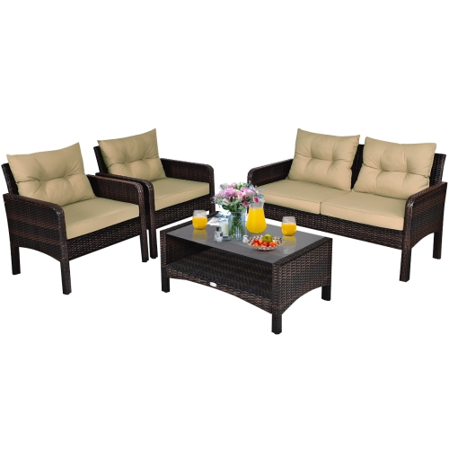 Costway 4PCS Patio Rattan Furniture Set Loveseat Sofa Coffee Table Garden W/ Cushion