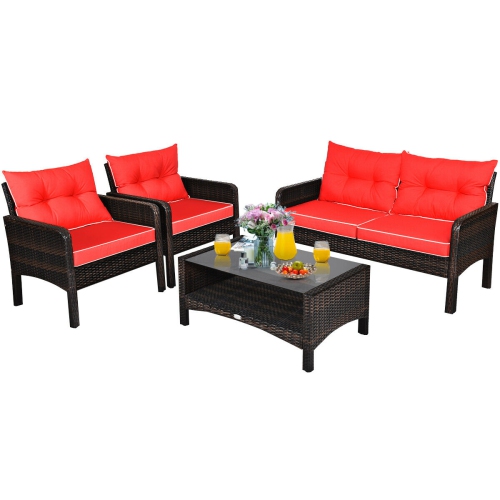 4-Piece Outdoor Patio Rattan Wicker Conversation Set, Loveseat, Coffee Table & two Sofa Chairs w/Accent Cushions - Red
