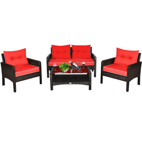 4-Piece Outdoor Patio Rattan Wicker Conversation Set, Loveseat, Coffee Table & two Sofa Chairs w/Accent Cushions - Red