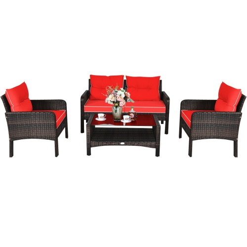 4-Piece Outdoor Patio Rattan Wicker Conversation Set, Loveseat, Coffee Table & two Sofa Chairs w/Accent Cushions - Red