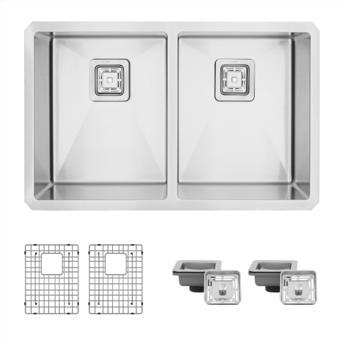 30'' L x 18'' W Double Bowl Undermount Kitchen Sink with Grids and Square Strainers