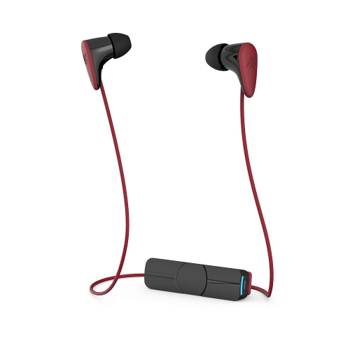 red wireless bluetooth earbuds