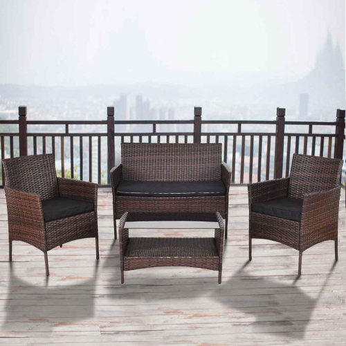 Costway 4PCS Patio Outdoor Garden Rattan Furniture Set Table Shelf Sofa with Black Cushion