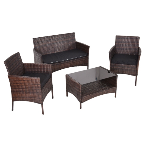 Costway 4PCS Patio Outdoor Garden Rattan Furniture Set Table Shelf Sofa with Black Cushion