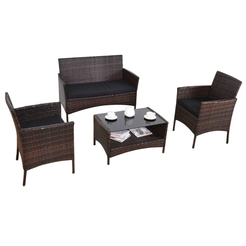 Costway 4PCS Patio Outdoor Garden Rattan Furniture Set Table Shelf Sofa with Black Cushion