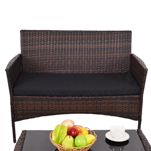 Costway 4PCS Patio Outdoor Garden Rattan Furniture Set Table Shelf Sofa with Black Cushion