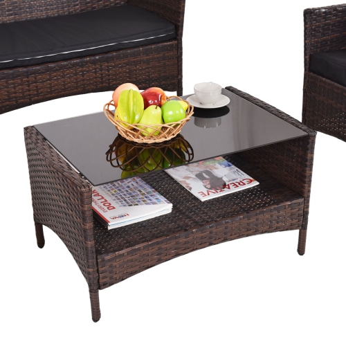 Costway 4PCS Patio Outdoor Garden Rattan Furniture Set Table Shelf Sofa with Black Cushion