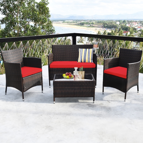 Costway 4PCS Patio Outdoor Garden Rattan Furniture Set Table Shelf Sofa with Red Cushion