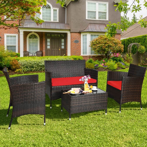 Costway 4PCS Patio Outdoor Garden Rattan Furniture Set Table Shelf Sofa with Red Cushion