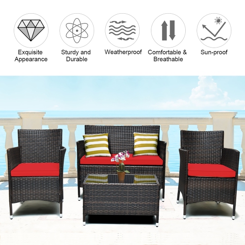 Costway 4PCS Patio Outdoor Garden Rattan Furniture Set Table Shelf Sofa with Red Cushion