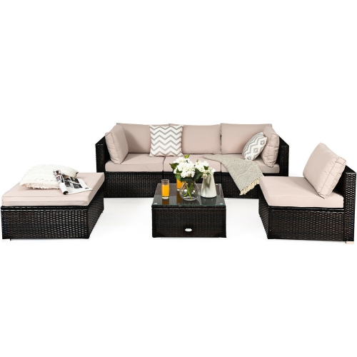Costway 6PCS Outdoor Patio Rattan Furniture Set Cushioned Sectional Sofa Ottoman