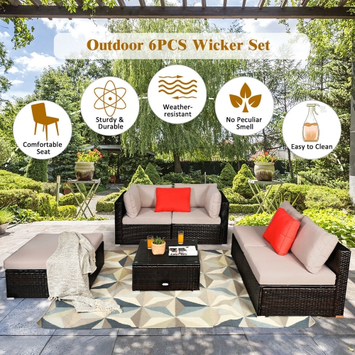 Costway 6PCS Outdoor Patio Rattan Furniture Set Cushioned Sectional Sofa Ottoman