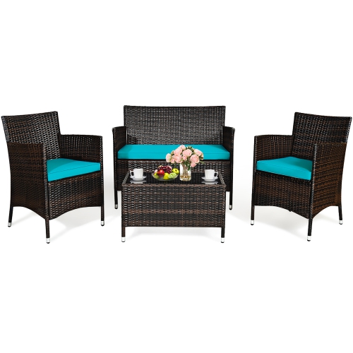 Costway Modern 4PCS Outdoor Patio Conversation Set PE Rattan Wicker Table Shelf Sofa Set with Cushion