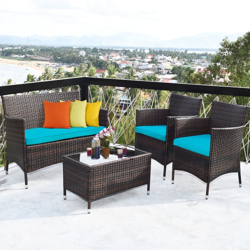 Costway Modern 4PCS Outdoor Patio Conversation Set PE Rattan Wicker Table Shelf Sofa Set with Cushion