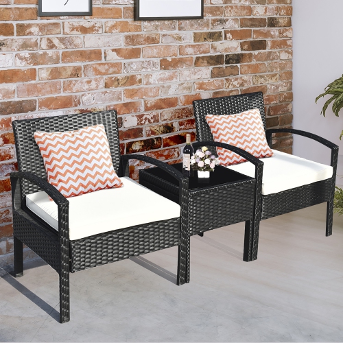 Costway Modern 3-Piece Garden Backyard Patio Chat Set Rattan Table&Chairs Furniture set with Cushioned Seat