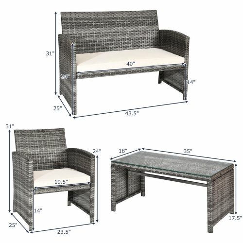 4pcs Ensemble de mobilier de patio en rotin Canapé de jardin avec sièges rembourrés
