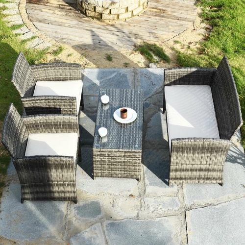 4pcs Ensemble de mobilier de patio en rotin Canapé de jardin avec sièges rembourrés