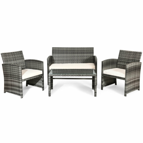 4pcs Ensemble de mobilier de patio en rotin Canapé de jardin avec sièges rembourrés