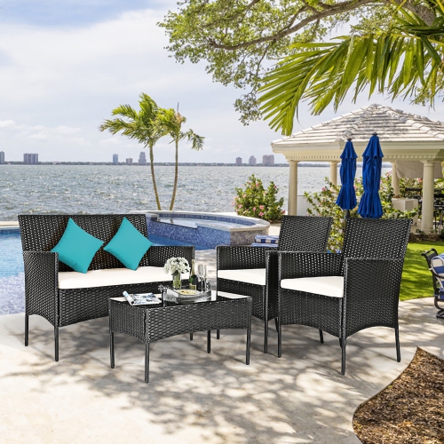 Costway 4-Piece Patio New Rattan Wicker Sofa Set Cushioned Loveseat, Table, 2 Chairs - Furniture Outdoor Garden