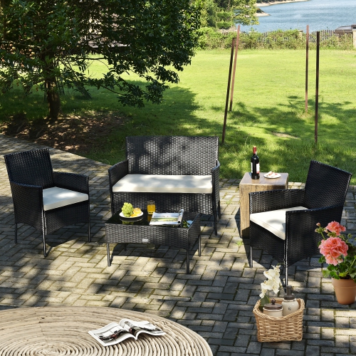 Costway Ensemble de 4 Pièces de Mobilier de Terrasse en Osier Ensemble de Conversation Pour Balcons, Jardins, Coté Piscine