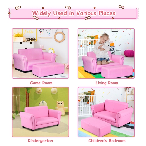 Costway Pink Kids Sofa Armrest Chair Couch Lounge Children Birthday Gift w/ Ottoman