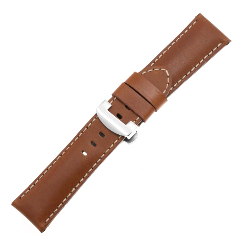 DASSARI Smooth Leather Men's Watch Band Strap Polished Silver Deployant Clasp for Panerai - Extra Long - Tan - 24mm