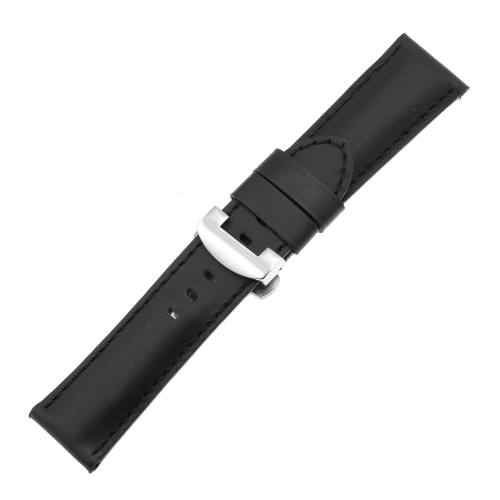STRAPSCO  Dassari Smooth Leather Men's Watch Band Strap With Polished Silver Deployant Deployment Clasp for Panerai - - 24MM In Black
