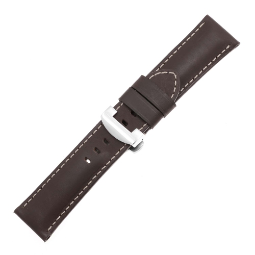 DASSARI Smooth Leather Men's Watch Band Strap with Polished Silver Deployant Deployment Clasp for Panerai - Brown - 24mm