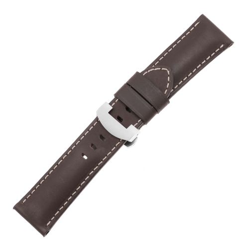 DASSARI Smooth Leather Men's Watch Band Strap with Matte Silver Deployant Clasp for Panerai - Extra Long - Brown - 24mm
