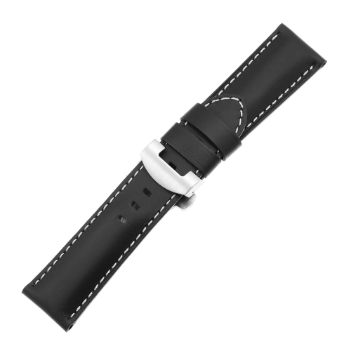 DASSARI Smooth Leather Men's Watch Band Strap with Brushed Silver Deployant Clasp for Panerai - Extra Long - Black - 22mm