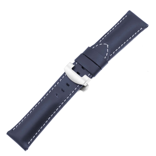 DASSARI Smooth Leather Men's Watch Band Strap with Brushed Silver Deployant Deployment Clasp for Panerai - Navy Blue - 22mm