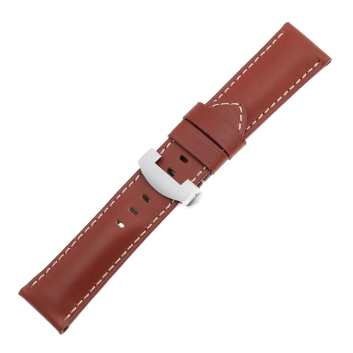 DASSARI Smooth Leather Men's Watch Band Strap with Matte Silver Deployant Deployment Clasp for Panerai - Rust - 24mm