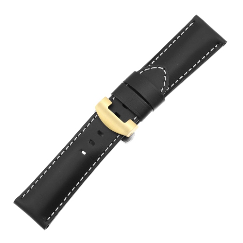 DASSARI Smooth Leather Men's Watch Band Strap with Yellow Gold Deployant Deployment Clasp for Panerai - Black - 24mm