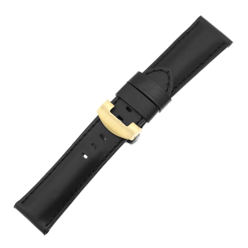 DASSARI Smooth Leather Men's Watch Band Strap with Yellow Gold Deployant Clasp for Panerai - Black - 24mm