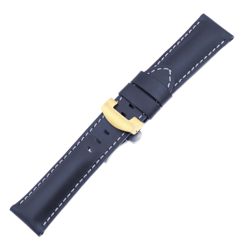 DASSARI Smooth Leather Men's Watch Band Strap with Yellow Gold Deployant Deployment Clasp for Panerai - Navy Blue - 24mm
