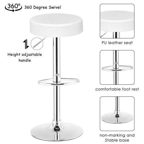 Gymax Set of 2 Adjustable Round Leather Seat Hydraulic Swivel Bar Stool White